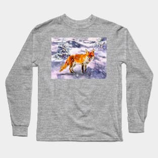 Fox in Winter Watercolor Long Sleeve T-Shirt